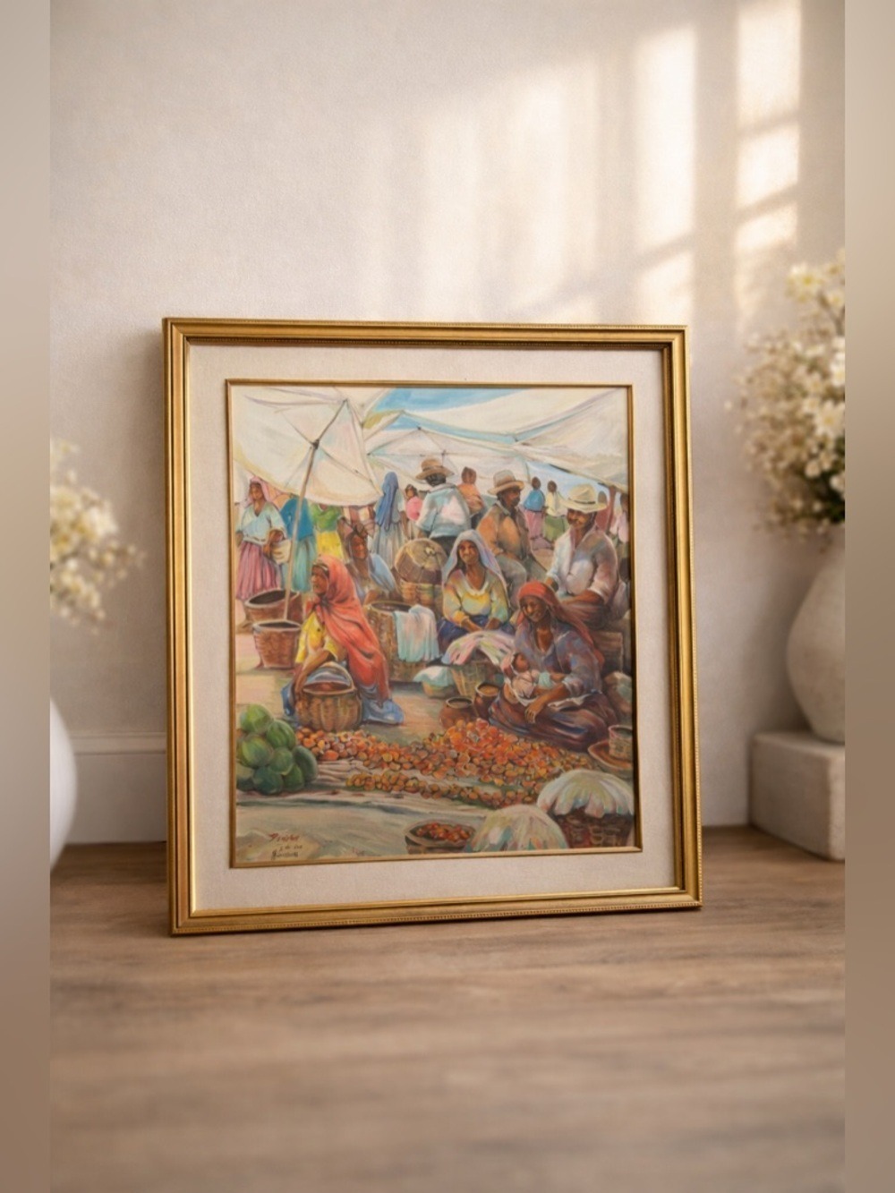 Vintage Signed Market Scene Painting on Canvas – Framed H. Green – Cultural Art